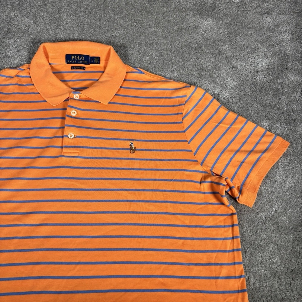 Polo Ralph Lauren Polo Shirt Men L Orange Striped Classic Fit Short Sleeve Golf